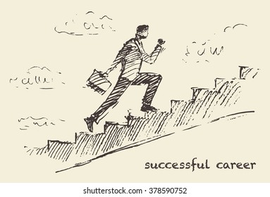 Hand drawn vector illustration of a man, climbing on a stair in the sky. Successful career concept, challenge