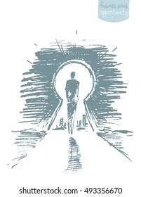 Hand drawn vector illustration of a man, standing in front of open keyhole. Achievement concept, sketch