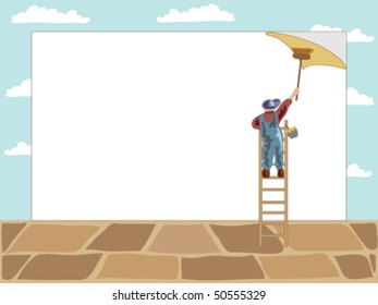 hand drawn vector illustration of a man pasting a large blank sheet with room for your advertisement onto a billboard with blue sky and white clouds behind and paving stones in the foreground