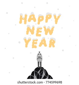 Hand drawn vector illustration of a man standing at top of the mountain on snow background. Happy New Year Typography.