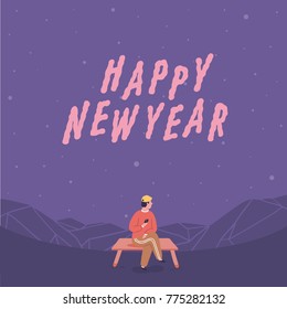 Hand drawn vector illustration of a man sitting on a bench on snow background. Happy New Year Typography.