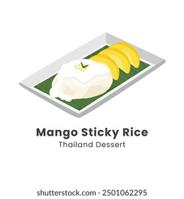 Ilustración vectorial dibujada a mano de arroz pegajoso de mango. Delicioso mango maduro y arroz pegajoso con leche de coco, frijoles verdes fritos espolvoreados decorados con orquídeas, hojas de pandan en la hoja de plátano.