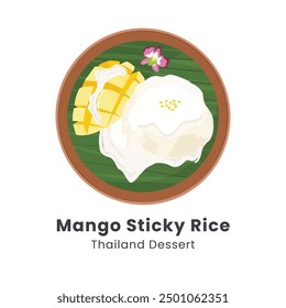 Ilustración vectorial dibujada a mano de arroz pegajoso de mango. Delicioso mango maduro y arroz pegajoso con leche de coco, frijoles verdes fritos espolvoreados decorados con orquídeas, hojas de pandan en la hoja de plátano.