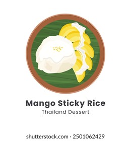 Ilustración vectorial dibujada a mano de arroz pegajoso de mango. Delicioso mango maduro y arroz pegajoso con leche de coco, frijoles verdes fritos espolvoreados decorados con orquídeas, hojas de pandan en la hoja de plátano.