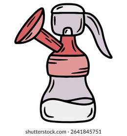 Hand drawn vector illustration of a manual breast pump, pink and grey color