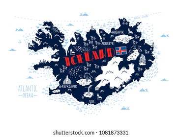 Hand drawn vector illustration.  Map of Iceland with isolated doodle icons of main symbols of Iceland.  Flat style