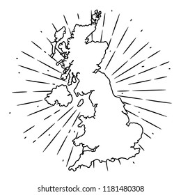 Hand drawn vector illustration with a map of the UK and divergent rays. Used for poster, banner, web, t-shirt print, bag print, badges, flyer, logo design and more. 