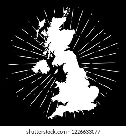 Hand drawn vector illustration with a map of the UK and divergent rays. Used for poster, banner, web, t-shirt print, bag print, badges, flyer, logo design and more. 