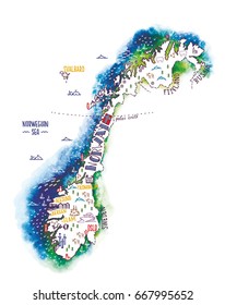 Hand drawn vector illustration of the map of Norway with doodle symbols and lettering. With a colorful watercolor background.