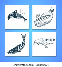 Hand drawn vector illustration - Marine kit. Graphic elements for design creation, postcards, banners and invitations. Silhouette of whales and dolphins with summer citations.