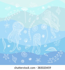 Hand drawn vector illustration marine life. Underwater world background