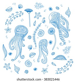 Hand drawn vector illustration marine life. Underwater world background