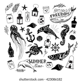 Hand drawn vector illustration - Marine life. Perfect for invitations, greeting cards, quotes, blogs, posters and more. Silhouette of whales, dolphins, sea horses, turtles and jellyfish with citations