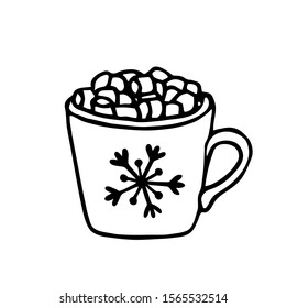 Hand drawn vector illustration. Marshmallow mug, snowflake, lines on white background, isolated, sketch, Doodle