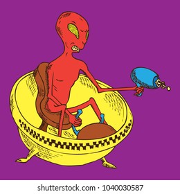 Hand Drawn Vector Illustration. A Martian with a blaster on the UFO. Hostile aliens by taxi