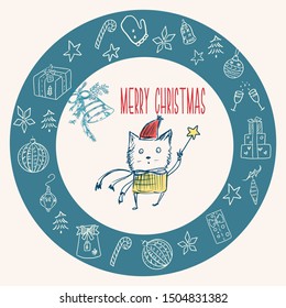 hand drawn vector illustration/ mary christmas cartoon wiyh funny kitty