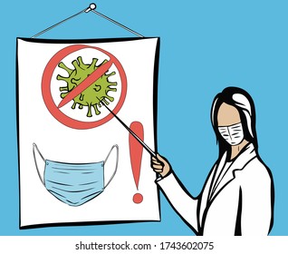 Hand drawn vector illustration of a masked doctor with a pointer pointing to a poster about the dangers of coronavirus and the need to wear a medical mask
