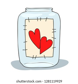 Hand drawn vector illustration of a mason jar with two hearts, wedding and romance concept illustration isolated on white background. Love concept. Valentines Day concept