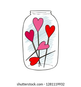 Hand drawn vector illustration of a mason jar with red hearts, wedding and romance concept illustration isolated on white background. Love concept. Valentines Day concept