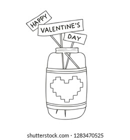 Hand drawn vector illustration of a mason jar with stick paper inscription Happy Valentines day, wedding and romance concept illustration isolated on white background. Love concept. Valentines Day
