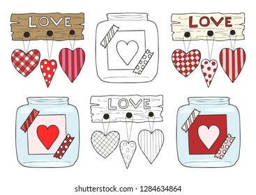 Hand drawn vector illustration of a mason jar with heart and wooden plate with inscription Love, wedding and romance concept illustration isolated on white background. Love concept. Valentines Day