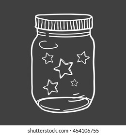 Hand drawn vector illustration of a mason jar filled with stars, summer, nights, magic and dreams concept illustration