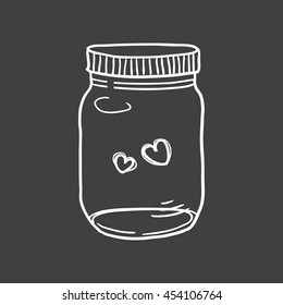 Hand drawn vector illustration of a mason jar with two hearts, wedding and romance concept illustration