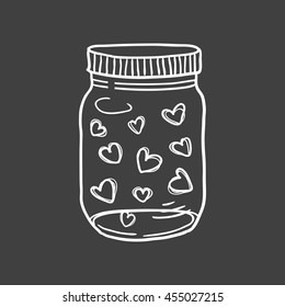Hand drawn vector illustration of a mason jar filled with hearts, wedding and romance concept illustration