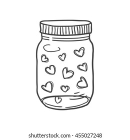 Hand drawn vector illustration of a mason jar filled with hearts, wedding and romance concept illustration isolated on white background