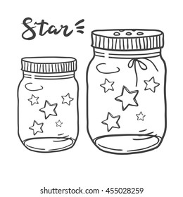 Hand drawn vector illustration of a mason jars filled with stars, summer, nights, magic and dreams concept illustration