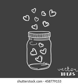 Hand drawn vector illustration of a mason jar filled with hearts, wedding and romance concept illustration isolated on blackboard background