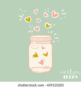 Hand drawn vector illustration of a mason jar filled with hearts, wedding and romance concept illustration in cute pastel colors