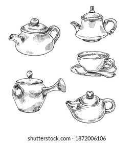 Hand drawn vector illustration of matcha, green tea cups and tea pot. Isolated ceremony images for design, packaging, menu
