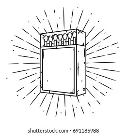 Hand drawn vector illustration with a matches box and divergent rays. Used for poster, banner, web, t-shirt print, bag print, badges, flyer, logo design and more. Matches in a matchbox