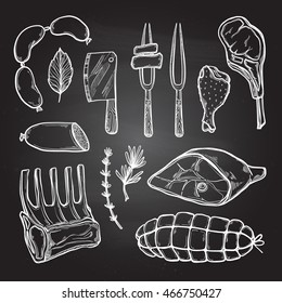 Hand drawn vector illustration - Meat products (chicken, pork, steak, sausage, salami, tomato, herbs and spices). Sketch. Template for your design with chalkboard background.