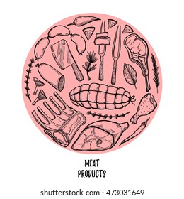 Hand drawn vector illustration - Meat products (chicken, pork, steak, sausage, salami, tomato, herbs and spices). Sketch. Template for your design