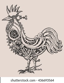 Hand drawn vector illustration. Mechanical Rooster in steampunk style.