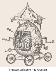 Hand drawn vector illustration. Mechanical Egg with gear wheels, surreal engin in steampunk style.