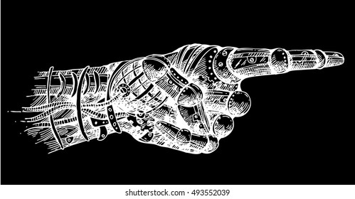 Hand drawn vector illustration mechanical hand with pointing finger. Steampunk style. Ink drawing.