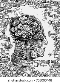 Hand drawn vector illustration mechanical head. Steampunk style drawing. Us for book, flyers, postcards, smartphone covers etc