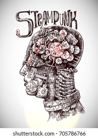 Hand drawn vector illustration mechanical head. Steampunk style drawing. Us for book, flyers, postcards, smartphone covers etc