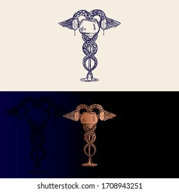 Hand drawn vector illustration medical two snakes with wings plexus, bowl, cup. pharmacy symbol, caduceus logo sign template emblem. Isolated. Medicine, hospital, doctor, chemistry, drugstore logo