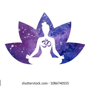 Hand drawn vector illustration of meditating woman with a lotus flower. Female silhouette in meditating pose and petals with space texture on white. Yoga concept print, poster, card and flier design.