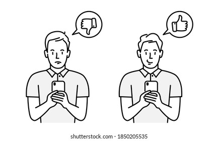 Hand drawn vector illustration of men give review rating and feedback. Like and dislike. Good and bad.