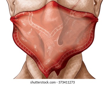 A hand drawn vector illustration of a menacing person wearing a bandanna as a mask with an area for text over the bandanna.