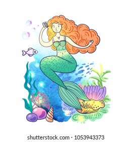 Hand drawn vector illustration mermaid. Cartoon style. 