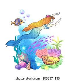 Hand drawn vector illustration mermaid. Cartoon style. 