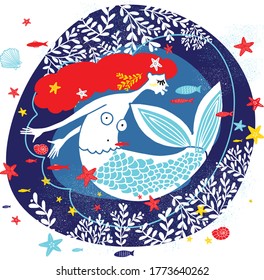Hand drawn vector illustration of Mermaid with long hair. Sea life illustration