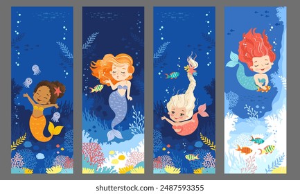 Hand drawn vector illustration of Mermaids on a coral reef. Set of vertical backgrounds for bookmarks, cards, invitation