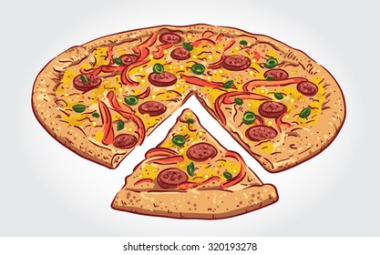 Hand Drawn Vector Illustration Of A Mexican Pizza With A Slice.